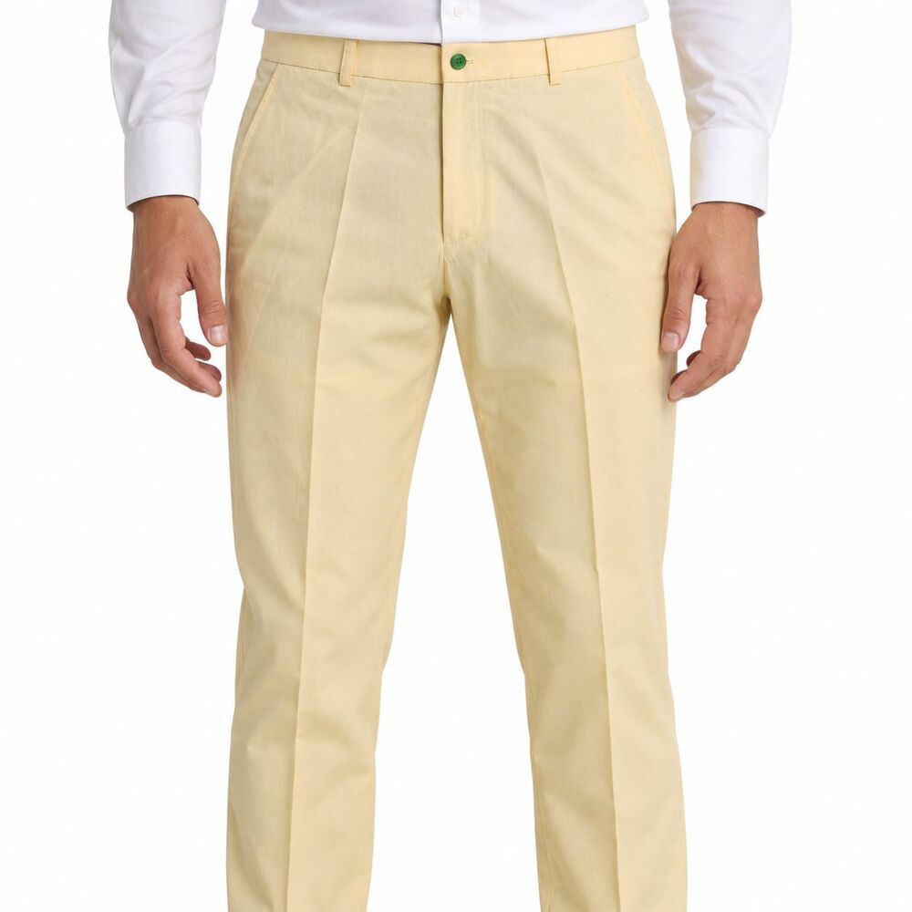 Mens 36 Yellow Textured Cotton Slim Fit Flat Front Dress Pants Handmade Trousers